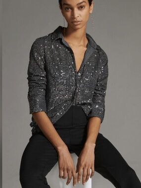 Anthropologie Sequin Button Down Top - Charcoal
